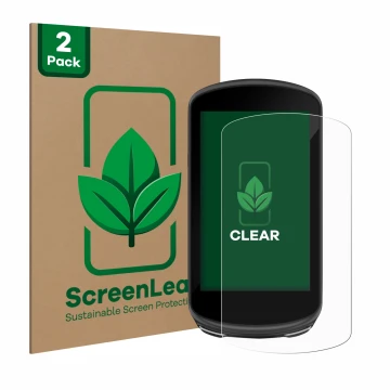 Vorderseite einer Produktverpackung mit dem Markenlogo ScreenLeaf. Daneben ist das Gerät Garmin Edge 1030 Plus mit dem zugehör