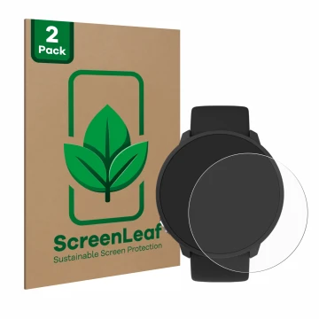 Vorderseite einer Produktverpackung mit dem Markenlogo ScreenLeaf. Daneben ist das Gerät Polar Unite mit dem zugehörigen Displ