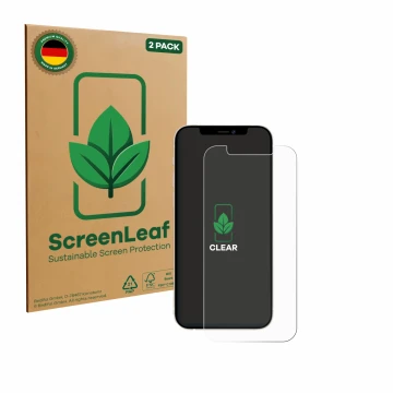Vorderseite einer Produktverpackung mit dem Markenlogo ScreenLeaf. Daneben ist das Gerät Apple iPhone 12 Pro mit dem zugehörig
