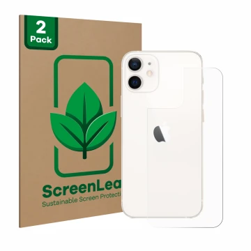 Vorderseite einer Produktverpackung mit dem Markenlogo ScreenLeaf. Daneben ist das Gerät Apple iPhone 12 mini (Rückseite) mit 