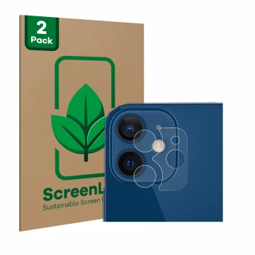 Vorderseite einer Produktverpackung mit dem Markenlogo ScreenLeaf. Daneben ist das Gerät Apple iPhone 12 (NUR Kameraschutz) mi