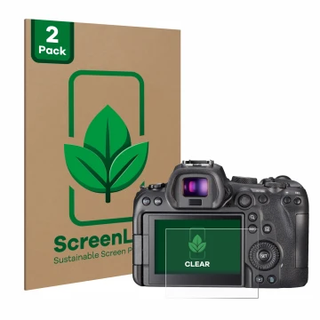 Vorderseite einer Produktverpackung mit dem Markenlogo ScreenLeaf. Daneben ist das Gerät Canon EOS R6 mit dem zugehörigen Disp