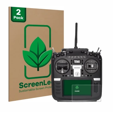 Vorderseite einer Produktverpackung mit dem Markenlogo ScreenLeaf. Daneben ist das Gerät Radiomaster TX16S mit dem zugehörigen