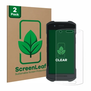 Vorderseite einer Produktverpackung mit dem Markenlogo ScreenLeaf. Daneben ist das Gerät Zebra TC21 mit dem zugehörigen Displa