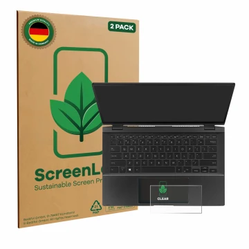 Vorderseite einer Produktverpackung mit dem Markenlogo ScreenLeaf. Daneben ist das Gerät ASUS ZenBook Flip 14 UX463FA (Touch T