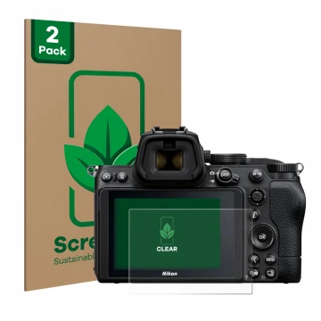 Vorderseite einer Produktverpackung mit dem Markenlogo ScreenLeaf. Daneben ist das Gerät Nikon Z 5 mit dem zugehörigen Display