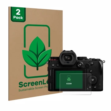 Vorderseite einer Produktverpackung mit dem Markenlogo ScreenLeaf. Daneben ist das Gerät Panasonic Lumix DC-S5 mit dem zugehör