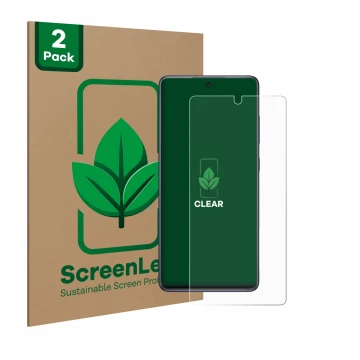 Vorderseite einer Produktverpackung mit dem Markenlogo ScreenLeaf. Daneben ist das Gerät Samsung Galaxy S20 FE mit dem zugehör