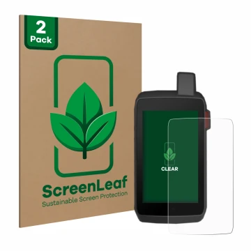 Vorderseite einer Produktverpackung mit dem Markenlogo ScreenLeaf. Daneben ist das Gerät Garmin Montana 700 mit dem zugehörige