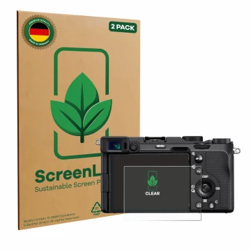 Vorderseite einer Produktverpackung mit dem Markenlogo ScreenLeaf. Daneben ist das Gerät Sony A7C mit dem zugehörigen Displays