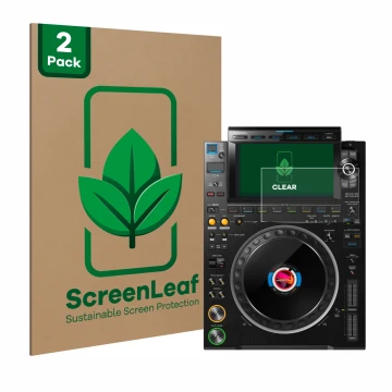 Vorderseite einer Produktverpackung mit dem Markenlogo ScreenLeaf. Daneben ist das Gerät Pioneer CDJ 3000 mit dem zugehörigen 