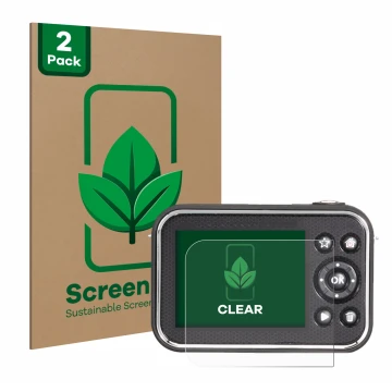 Vorderseite einer Produktverpackung mit dem Markenlogo ScreenLeaf. Daneben ist das Gerät Vtech Kidizoom Video Studio HD mit de