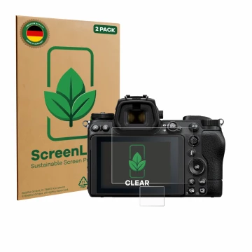 Vorderseite einer Produktverpackung mit dem Markenlogo ScreenLeaf. Daneben ist das Gerät Nikon Z 6 II mit dem zugehörigen Disp