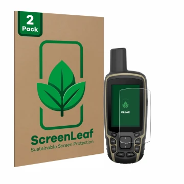 Vorderseite einer Produktverpackung mit dem Markenlogo ScreenLeaf. Daneben ist das Gerät Garmin GPSMAP 65s mit dem zugehörigen