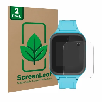 Vorderseite einer Produktverpackung mit dem Markenlogo ScreenLeaf. Daneben ist das Gerät TCL Movetime FamilyWatch Kids MT40X m