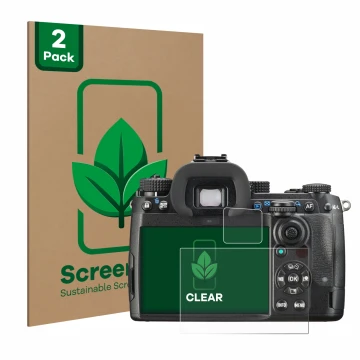 Vorderseite einer Produktverpackung mit dem Markenlogo ScreenLeaf. Daneben ist das Gerät Pentax K-3 Mark III mit dem zugehörig
