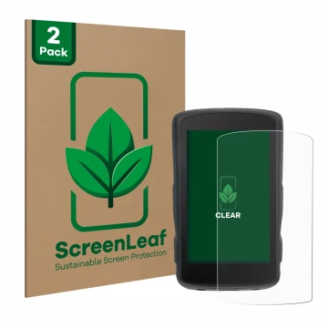 Vorderseite einer Produktverpackung mit dem Markenlogo ScreenLeaf. Daneben ist das Gerät Hammerhead Karoo 2 mit dem zugehörige