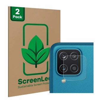 Vorderseite einer Produktverpackung mit dem Markenlogo ScreenLeaf. Daneben ist das Gerät Samsung Galaxy A12 (NUR Kameraschutz)
