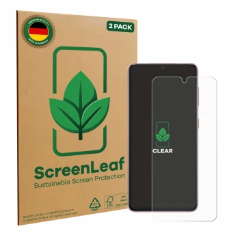Vorderseite einer Produktverpackung mit dem Markenlogo ScreenLeaf. Daneben ist das Gerät Samsung Galaxy S21 5G mit dem zugehör