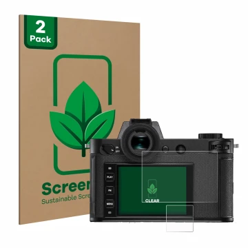 Vorderseite einer Produktverpackung mit dem Markenlogo ScreenLeaf. Daneben ist das Gerät Leica SL2-S mit dem zugehörigen Displ