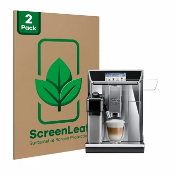 Vorderseite einer Produktverpackung mit dem Markenlogo ScreenLeaf. Daneben ist das Gerät DeLonghi PrimaDonna Elite Experience 