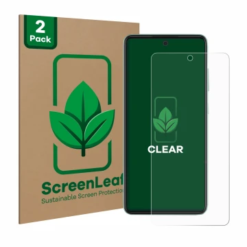 Vorderseite einer Produktverpackung mit dem Markenlogo ScreenLeaf. Daneben ist das Gerät Samsung Galaxy A52 mit dem zugehörige