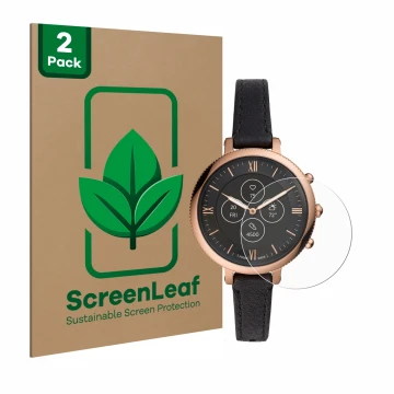 Vorderseite einer Produktverpackung mit dem Markenlogo ScreenLeaf. Daneben ist das Gerät Fossil Monroe Hybrid HR mit dem zugeh