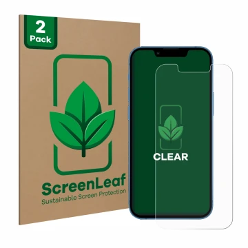Vorderseite einer Produktverpackung mit dem Markenlogo ScreenLeaf. Daneben ist das Gerät Apple iPhone 13 mini mit dem zugehöri
