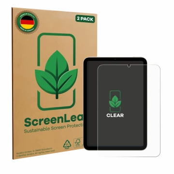 Vorderseite einer Produktverpackung mit dem Markenlogo ScreenLeaf. Daneben ist das Gerät Apple iPad Mini 6 WiFi 2021 mit dem z