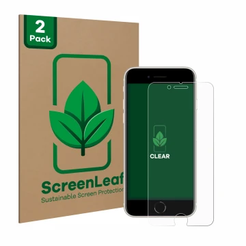 Vorderseite einer Produktverpackung mit dem Markenlogo ScreenLeaf. Daneben ist das Gerät Apple iPhone SE 3 2022 mit dem zugehö