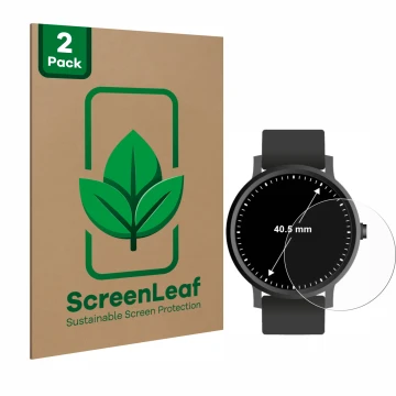 Vorderseite einer Produktverpackung mit dem Markenlogo ScreenLeaf. Daneben ist das Gerät Armbanduhren (Kreisrund, ø: 40.5 mm) 