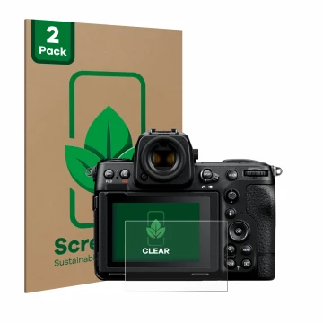 Vorderseite einer Produktverpackung mit dem Markenlogo ScreenLeaf. Daneben ist das Gerät Nikon Z 8 mit dem zugehörigen Display