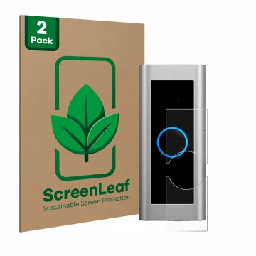 Vorderseite einer Produktverpackung mit dem Markenlogo ScreenLeaf. Daneben ist das Gerät Ring Video Doorbell Pro 2 mit dem zug