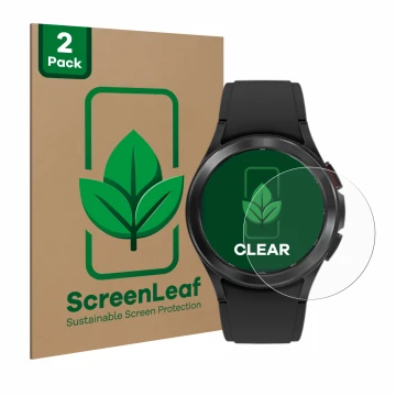 Vorderseite einer Produktverpackung mit dem Markenlogo ScreenLeaf. Daneben ist das Gerät Samsung Galaxy Watch 4 Classic (42mm)
