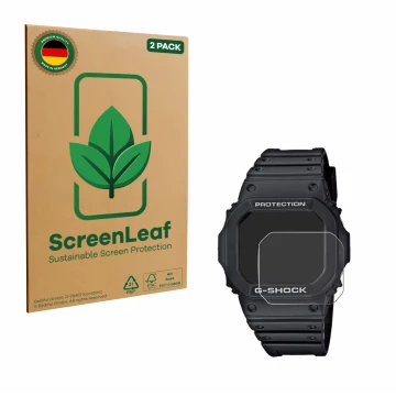 Vorderseite einer Produktverpackung mit dem Markenlogo ScreenLeaf. Daneben ist das Gerät Casio G-Shock GW-M5610-1ER mit dem zu