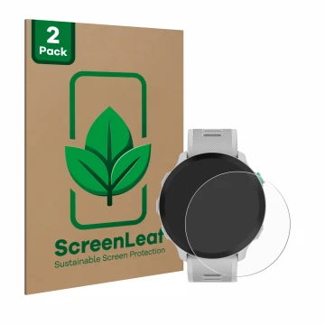 Vorderseite einer Produktverpackung mit dem Markenlogo ScreenLeaf. Daneben ist das Gerät Garmin Forerunner 55 mit dem zugehöri
