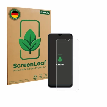 Vorderseite einer Produktverpackung mit dem Markenlogo ScreenLeaf. Daneben ist das Gerät Samsung Galaxy A22 5G mit dem zugehör