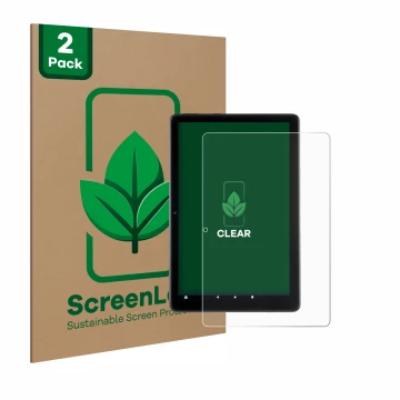 Vorderseite einer Produktverpackung mit dem Markenlogo ScreenLeaf. Daneben ist das Gerät Amazon Fire HD 10 2021 (11. Gen.) mit