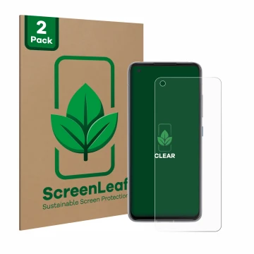 Vorderseite einer Produktverpackung mit dem Markenlogo ScreenLeaf. Daneben ist das Gerät ASUS ZenFone 8 mit dem zugehörigen Di