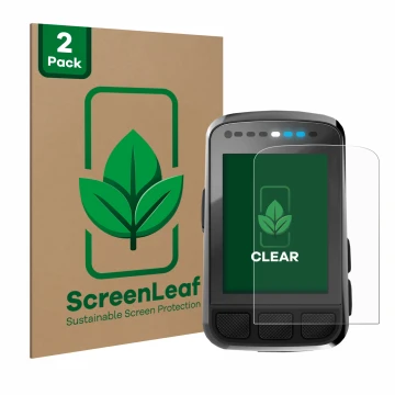 Vorderseite einer Produktverpackung mit dem Markenlogo ScreenLeaf. Daneben ist das Gerät Wahoo Elemnt Bolt V2 GPS mit dem zuge