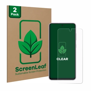 Vorderseite einer Produktverpackung mit dem Markenlogo ScreenLeaf. Daneben ist das Gerät Samsung Galaxy S21 FE 5G mit dem zuge