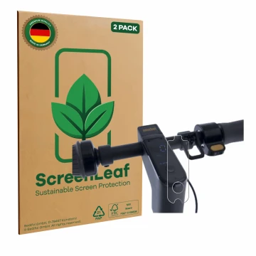 Vorderseite einer Produktverpackung mit dem Markenlogo ScreenLeaf. Daneben ist das Gerät Segway Ninebot KickScooter MAX G30 mi