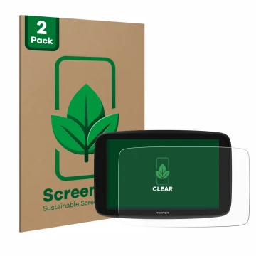 Vorderseite einer Produktverpackung mit dem Markenlogo ScreenLeaf. Daneben ist das Gerät TomTom Go Expert 6
