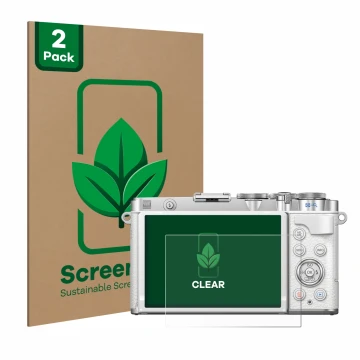 Vorderseite einer Produktverpackung mit dem Markenlogo ScreenLeaf. Daneben ist das Gerät Olympus PEN E-P7 mit dem zugehörigen 