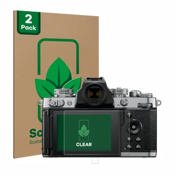 Vorderseite einer Produktverpackung mit dem Markenlogo ScreenLeaf. Daneben ist das Gerät Nikon Z fc mit dem zugehörigen Displa