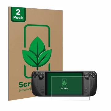 Vorderseite einer Produktverpackung mit dem Markenlogo ScreenLeaf. Daneben ist das Gerät Valve Steam Deck mit dem zugehörigen 