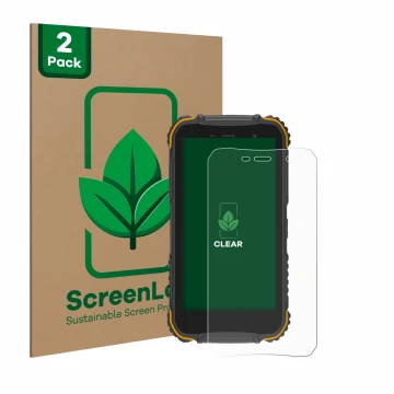 Vorderseite einer Produktverpackung mit dem Markenlogo ScreenLeaf. Daneben ist das Gerät Doogee S35 mit dem zugehörigen Displa