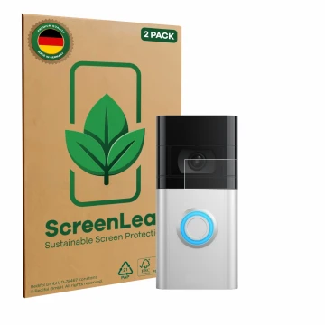 Vorderseite einer Produktverpackung mit dem Markenlogo ScreenLeaf. Daneben ist das Gerät Ring Video Doorbell 4 mit dem zugehör