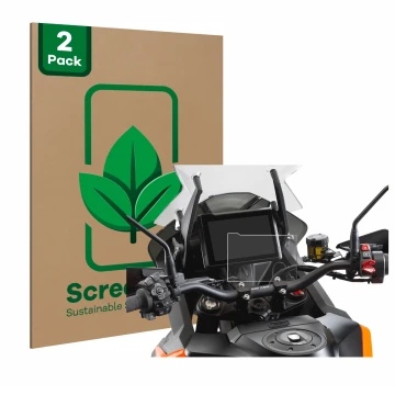 Vorderseite einer Produktverpackung mit dem Markenlogo ScreenLeaf. Daneben ist das Gerät KTM 1290 Super Adventure S 2021 TFT 7