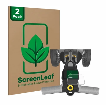 Vorderseite einer Produktverpackung mit dem Markenlogo ScreenLeaf. Daneben ist das Gerät PowaKaddy CT6 mit dem zugehörigen Dis
